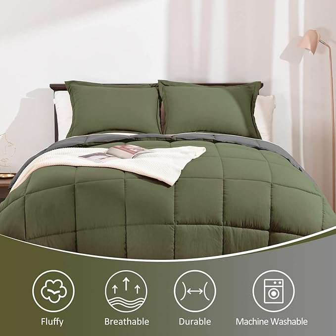 Basic Beyond Twin Comforter Set for Girls and Boys - Fluffy Twin Bed Comforter Set for All Seasons - Reversible Olive Green and Dark Grey Comforter Set - 2 Pcs (1 Comforter + 1 Pillow Sham) - LeafyLoom