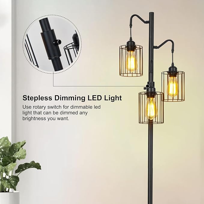 Floor lamp, 69 inch 3-Light Dimmable Farmhouse Floor Lamps for Living Room with 3 Free LED Edison Bulbs, Modern Industrial Vintage Corner Tall Tree Standing Floor Lamp for Bedroom Office - LeafyLoom