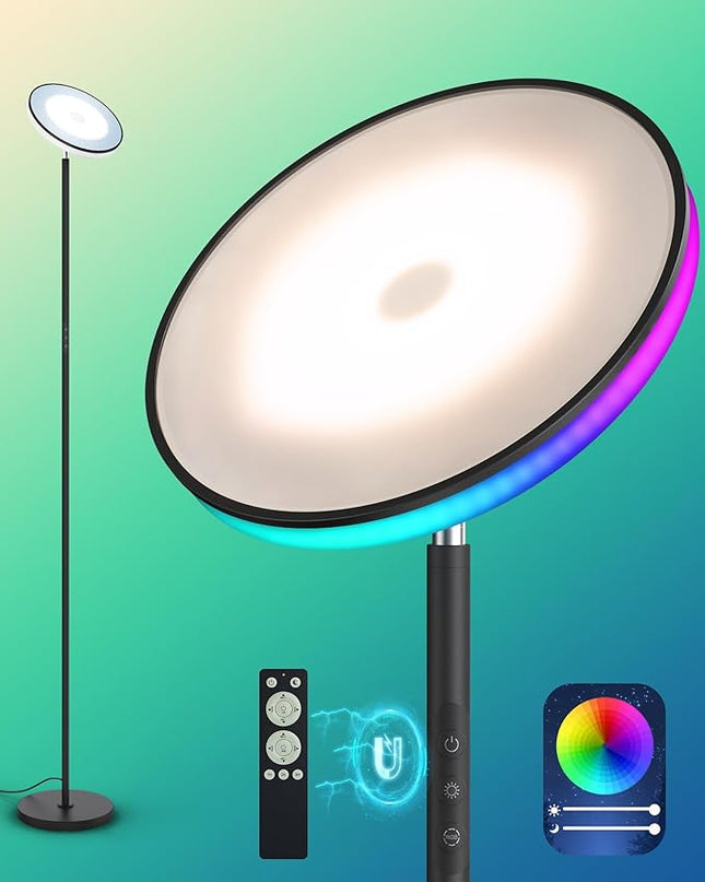 42W Floor Lamp, 3700LM Super Bright Standing Lamp with Side Light & Timer, Tall Lamp with Remote & Touch Control, 2700K-6500K Dimmable Torchiere Floor Lamp for Living Room, Office (Black) - LeafyLoom