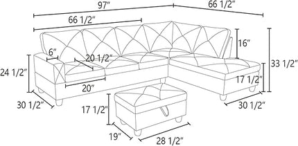 97'' L-Shaped Sectional Sofas with 66.5'' Chaise Lounge and Storage Ottoman, 3-Piece Flannelette Modular Large Living Room Couches for Home Office, Living Furniture Right Hand Face(Grey White) - LeafyLoom