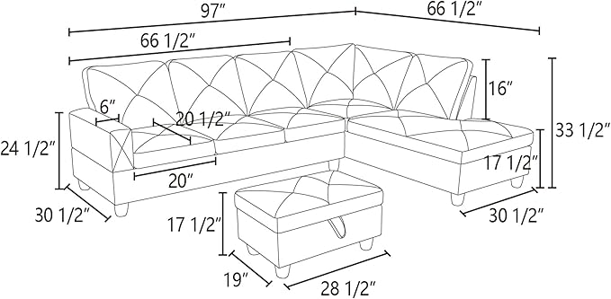 97'' L-Shaped Sectional Sofas with 66.5'' Chaise Lounge and Storage Ottoman, 3-Piece Flannelette Modular Large Living Room Couches for Home Office, Living Furniture Right Hand Face(Grey White) - LeafyLoom