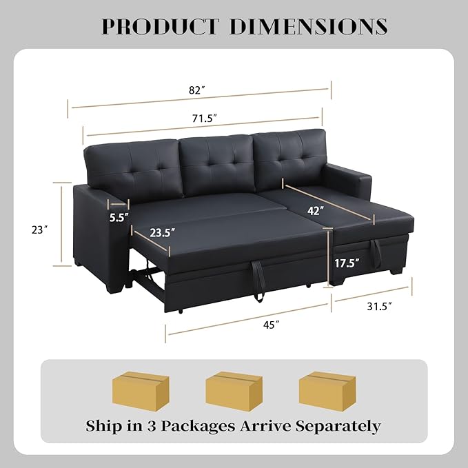 4-in-1 Modular Sofa Bed Convertible Living Room Furniture Sets Upholstered, L Shaped Sectional Comfy Couch with Reversible Storage Chaise for Apartment, Studio, Office, Dark Gray-5 - LeafyLoom