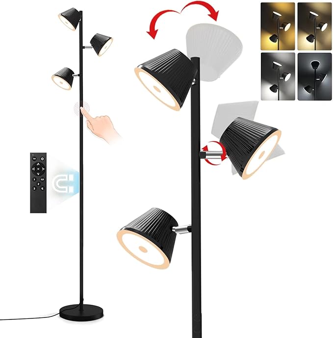 LED Tree Floor Lamp 42W, 4200 Lumens Super Bright Floor Lamps for Living Room with Remote & Touch Control, 3 Rotatable lights 4 Color Temperatures, Modern Tall Standing Lamp for Bedroom Office - LeafyLoom