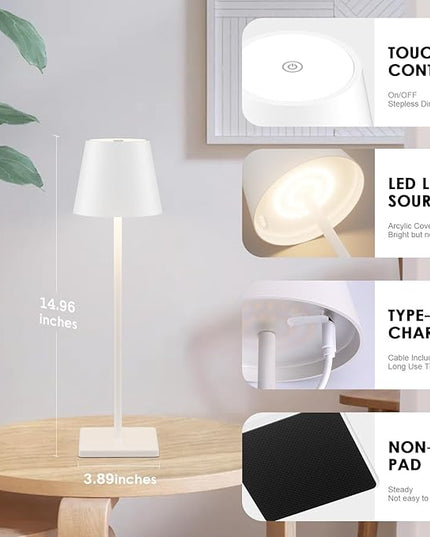 4-Pack Rechargeable Table Lamps, LED Cordless Table Lamp, 3W 6000mAh Battery Operated Table Light, Stepless Dimming Portable Table Light Waterproof for Restaurant/Indoor/Outdoor (White) - LeafyLoom