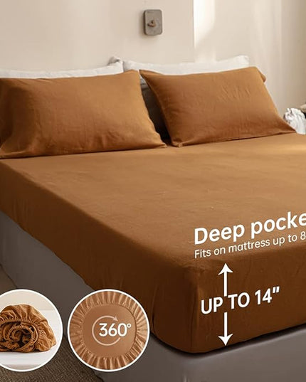 Simple&Opulence 100% Linen Sheet Set Solid Color-4 Pcs Washed French Linen Bed Sheets(1 Flat Sheet,1 Fitted Sheet,2 Pillowcases)-Breathable Bedding Set (Rust, King) - LeafyLoom