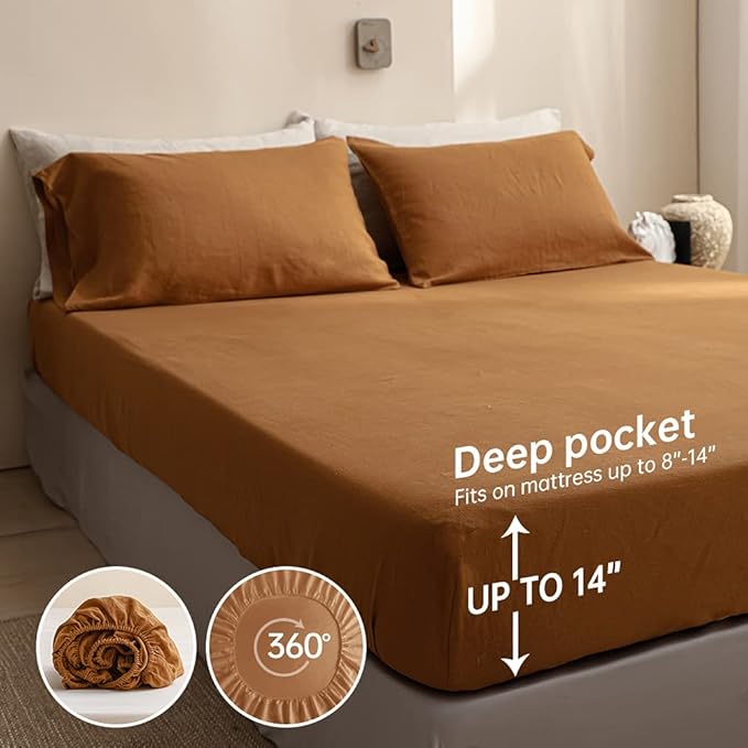 Simple&Opulence 100% Linen Sheet Set Solid Color-4 Pcs Washed French Linen Bed Sheets(1 Flat Sheet,1 Fitted Sheet,2 Pillowcases)-Breathable Bedding Set (Rust, King) - LeafyLoom