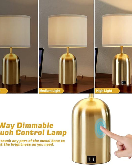 Bedside Lamp with USB Port, Touch Control Table Lamp for Bedroom 3 Way Dimmable Modern Nightstand Lamp with Fabric Shade Gold Base for Living Room, Dorm, Home Office, LED Bulb Included - LeafyLoom