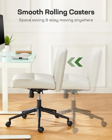 Marsail Criss Cross Chair with Wheels: PU Leather Cross Legged Office Chair Wide Armless Desk Chair Swivel Height Adjustable Vanity Chair for Make Up,Small Space,Bed Room(Light Beige) - LeafyLoom