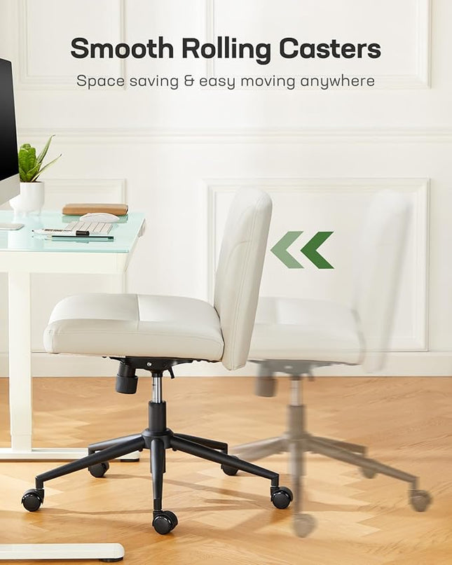 Marsail Criss Cross Chair with Wheels: PU Leather Cross Legged Office Chair Wide Armless Desk Chair Swivel Height Adjustable Vanity Chair for Make Up,Small Space,Bed Room(Light Beige) - LeafyLoom
