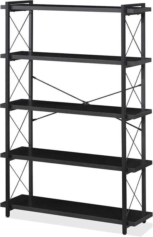 HCHQHS Bookshelf, 5-Tier Industrial Bookcase, Black Open Book Shelf, Freestanding Tall Bookshelves with Metal Frame - LeafyLoom