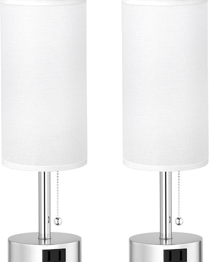 White Silver Bedside Table Lamps Set of 2-3 Color Temperatures Pull Chain Lamp with AC Outlet Charging Port, Two Round Night Stand Lamps for Bedroom, Small Bed Side Light with E26 LED Bulbs - LeafyLoom