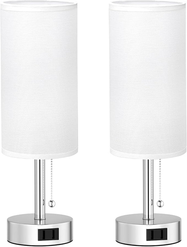 White Silver Bedside Table Lamps Set of 2-3 Color Temperatures Pull Chain Lamp with AC Outlet Charging Port, Two Round Night Stand Lamps for Bedroom, Small Bed Side Light with E26 LED Bulbs - LeafyLoom