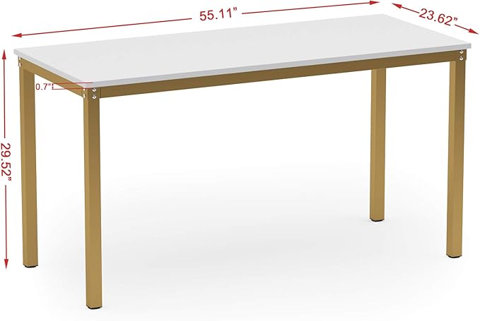 Teraves Computer desk/Dining Table Office Desk Sturdy Writing Workstation for Home Office (55.11“, White+Golden Frame) - LeafyLoom