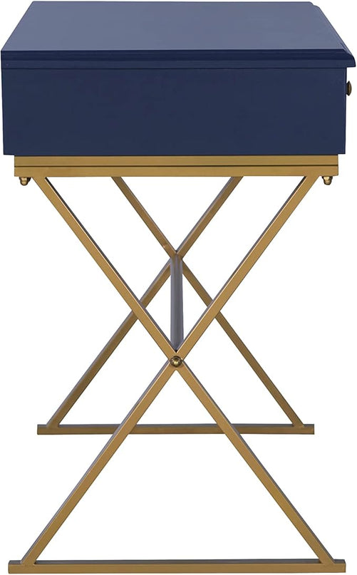 Linon Campaign Desk Navy with Gold Legs, Blue - LeafyLoom