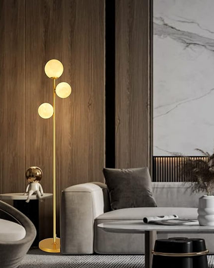 3 Globe Moon Floor Lamp for Living Room, Modern Gold Floor Lamp with 3D Printing Frosted Shade and LED Bulb, Mid Century Standing Lamp, 67" Metal Tall Pole Lamp for Bedroom Girls Room, Dresser, Office - LeafyLoom