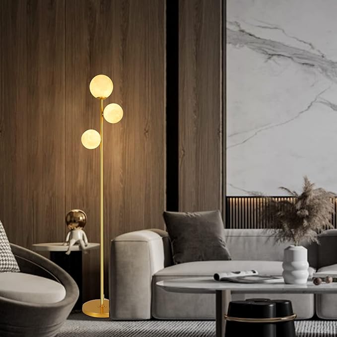 3 Globe Moon Floor Lamp for Living Room, Modern Gold Floor Lamp with 3D Printing Frosted Shade and LED Bulb, Mid Century Standing Lamp, 67" Metal Tall Pole Lamp for Bedroom Girls Room, Dresser, Office - LeafyLoom