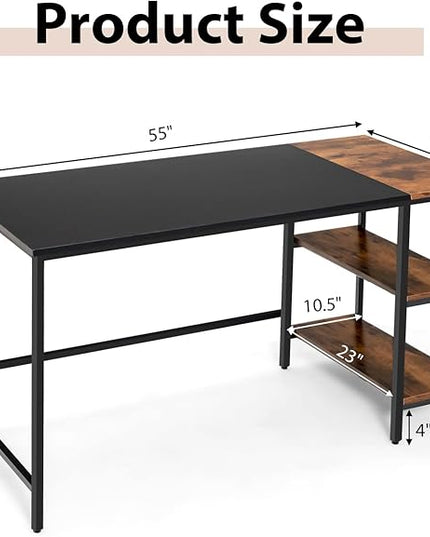 Multifunctional Computer Desk, Industrial Study Writing Desk w/Removable Storage Shelf, Heavy-Duty Metal Frame, 55 Inch Desk for Home Office, Gaming Room, Bedroom (Black) - LeafyLoom