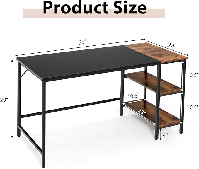 Multifunctional Computer Desk, Industrial Study Writing Desk w/Removable Storage Shelf, Heavy-Duty Metal Frame, 55 Inch Desk for Home Office, Gaming Room, Bedroom (Black) - LeafyLoom