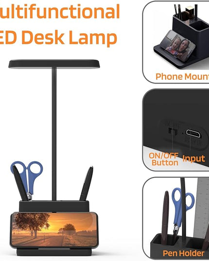 AXX LED Desk Lamp for Home Office, Battery Operated Desk Light for Computer/Desktop - Black, Small, Cute, 3 Way, Rechargeable, Flexible Gooseneck, Pen Holder - Study Table Lamp for Bedroom Reading - LeafyLoom