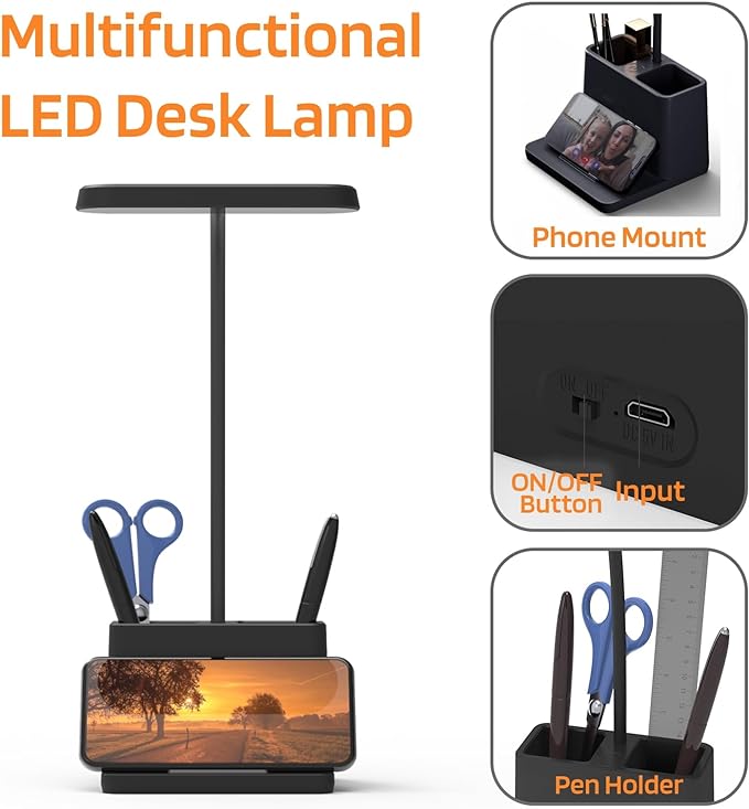 AXX LED Desk Lamp for Home Office, Battery Operated Desk Light for Computer/Desktop - Black, Small, Cute, 3 Way, Rechargeable, Flexible Gooseneck, Pen Holder - Study Table Lamp for Bedroom Reading - LeafyLoom