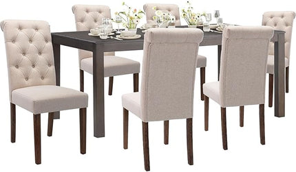 COLAMY 7-Piece Dining Table Set for 6, 60" Kitchen Wood Table with 6 Tufted Dining Room Chairs, Brown/Beige - LeafyLoom