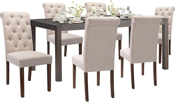 COLAMY 7-Piece Dining Table Set for 6, 60" Kitchen Wood Table with 6 Tufted Dining Room Chairs, Brown/Beige - LeafyLoom