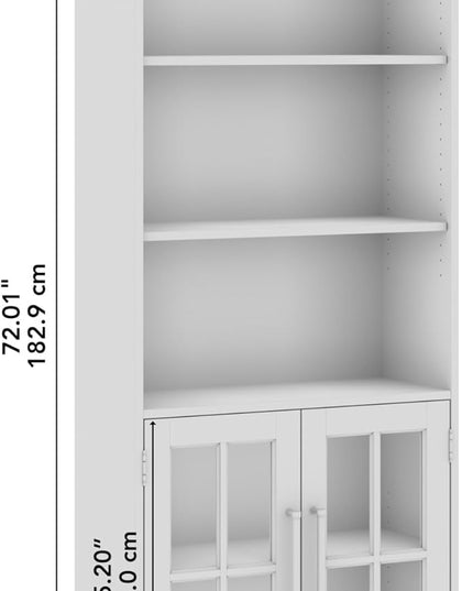 Bush Furniture Westbrook Tall 5 Shelf Bookcase with Glass Doors in White Ash | Farmhouse Bookshelf Cabinet for Living Room and Home Office - LeafyLoom