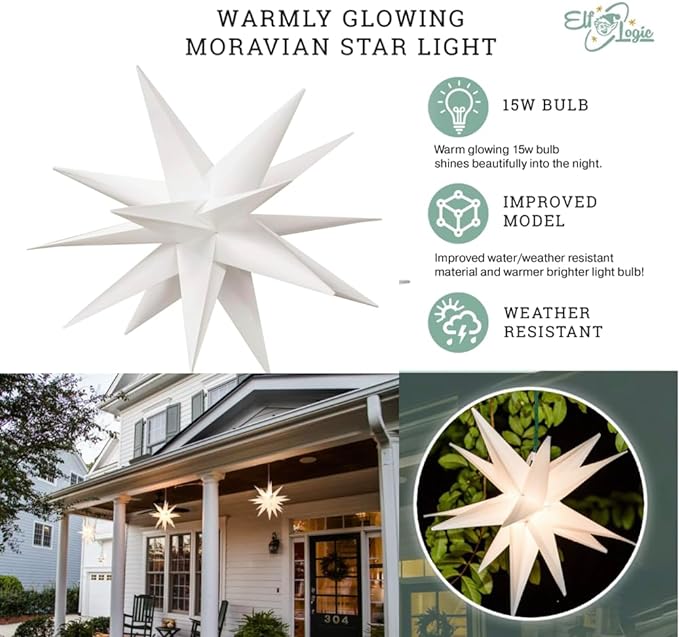 Elf Logic Large 18" Easy Assembly, Remote Controlled, Color Changing, Hanging LED Moravian Star Light. Use as Holiday Decoration, Porch Light, Advent Star, Wedding and Ballroom Venue Decor - LeafyLoom