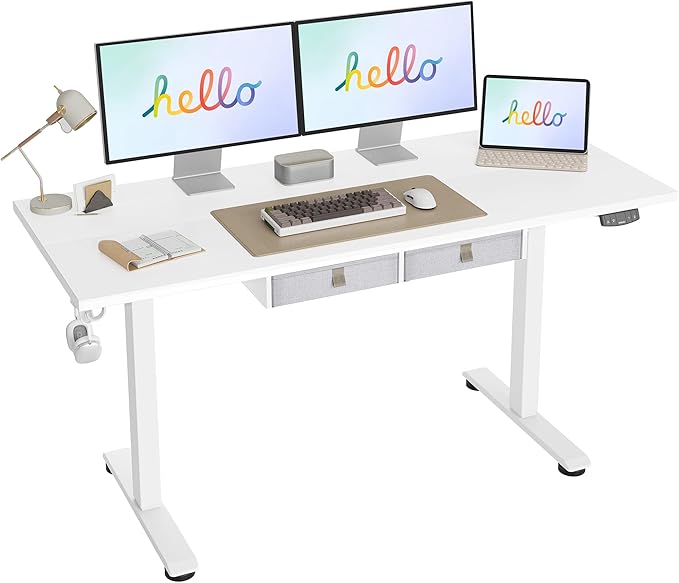 Standing Desk with 2 Drawers, Adjustable Height Electric Desk with Storage, 63 x 24 Inches Sit Stand Up Computer Table for Work Office Home, White - LeafyLoom