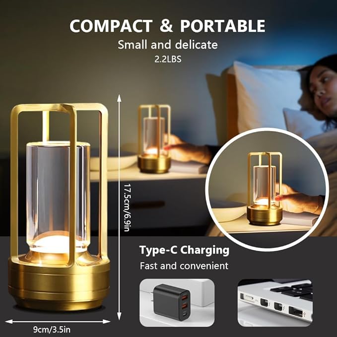 Portable Metal Desk Lamp,Cordless LED Table Lamp,Touch Control Rechargeable Lamp,3-Levels Brightness Room Decor Desk Lamp,Bedside Lamp,Night Light (Light Gold) - LeafyLoom