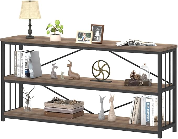 IBF Industrial 3 Tier Bookshelf, Rustic Low Wood and Metal Book Shelf, Farmhouse Long Wide Open Horizontal Bookcase, Modern Large Vintage Etagere for Home Office Bedroom Living Room, Rustic Oak, 63 In - LeafyLoom
