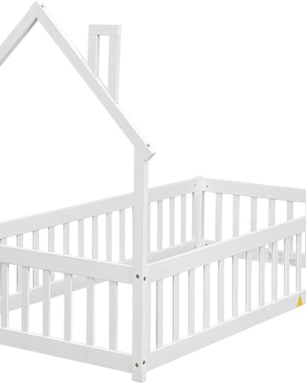 Twin Size Kids Montessori Floor Bed,House-Shaped Headboard Floor Bed for Kids,Floor Bed with Fence and Door,House Bed Twin Frame for Girls,Boys(Twin,White) - LeafyLoom