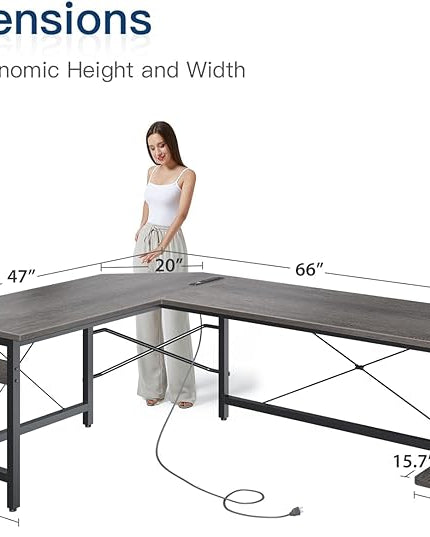 Coleshome 66" L Shaped Gaming Desk with Outlet, L Shaped Desk with CPU Stand, Corner Computer Desk, Home Office Desk, Writing Desk, Grey Oak - LeafyLoom