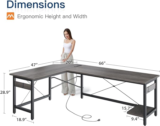 Coleshome 66" L Shaped Gaming Desk with Outlet, L Shaped Desk with CPU Stand, Corner Computer Desk, Home Office Desk, Writing Desk, Grey Oak - LeafyLoom