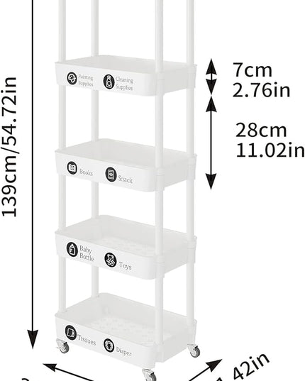 5-Tier Storage Cart,Multifunction Utility Rolling Cart Kitchen Storage Organizer,Mobile Shelving Unit Cart with Lockable Wheels for Bathroom,Laundry,with Classified Stickers,White - LeafyLoom