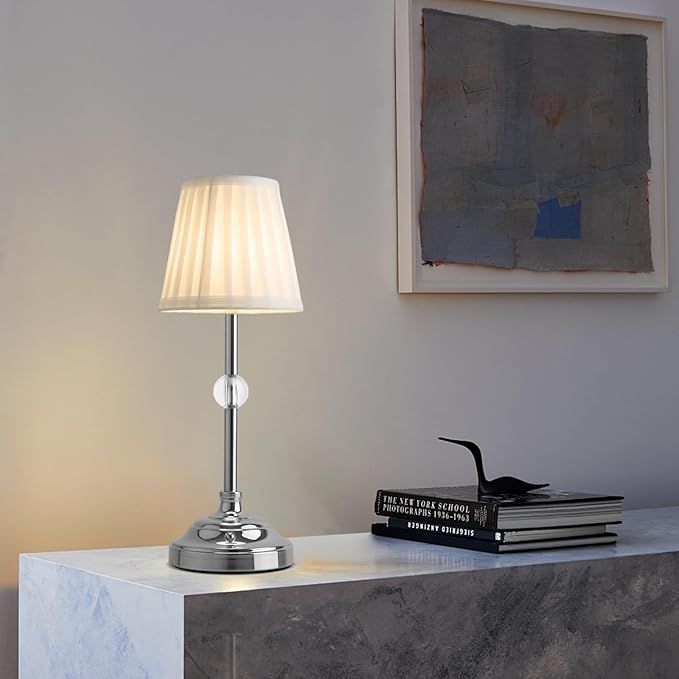 Modern Cordless Table Lamps,5000mAh Rechargeable Battery Operated Table lamp,Chrome Fabric Shade Table Lamps,Portable Touch Desk Lamp with Dimming 3000K LED Night Light for Bedroom/Bedside/Dining Room - LeafyLoom