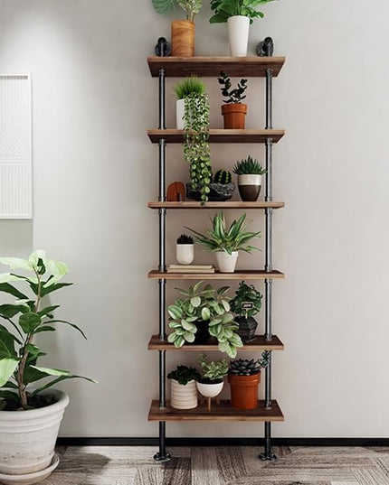 Industrial Pipe Bookshelves Rustic Wall Ladder Bookshelf Display Storage Stand Shelf Bookcase for Living Room, Kitchen, Office (6 Tier) - LeafyLoom