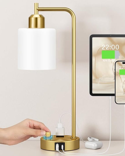 Innqoo Gold Lamp for Bedroom - Industrial Bedside Table Lamp with USB Port and Outlet, Fully Dimmable Nightstand Lamp with Opal Glass Shade, Small Desk Lamps for Home Office - LeafyLoom