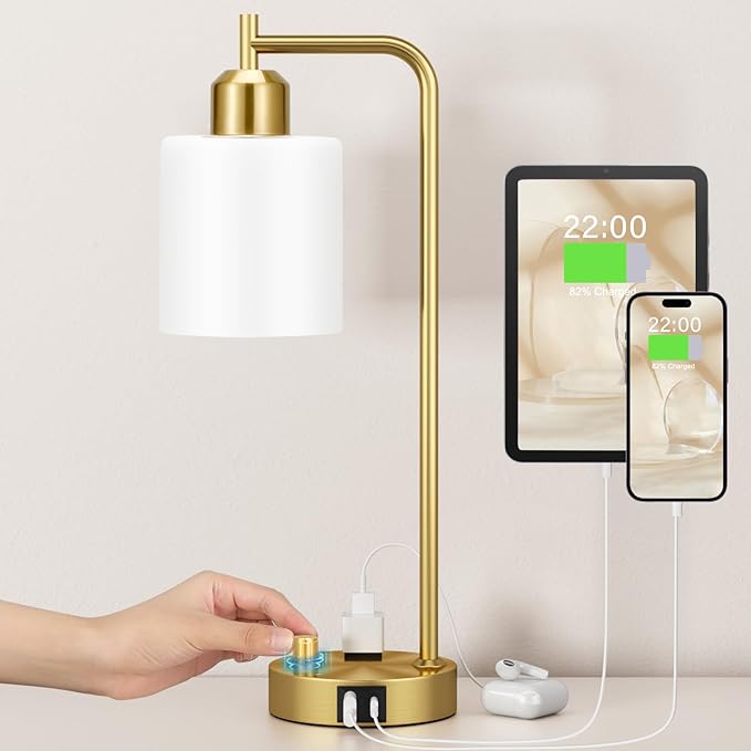 Innqoo Gold Lamp for Bedroom - Industrial Bedside Table Lamp with USB Port and Outlet, Fully Dimmable Nightstand Lamp with Opal Glass Shade, Small Desk Lamps for Home Office - LeafyLoom