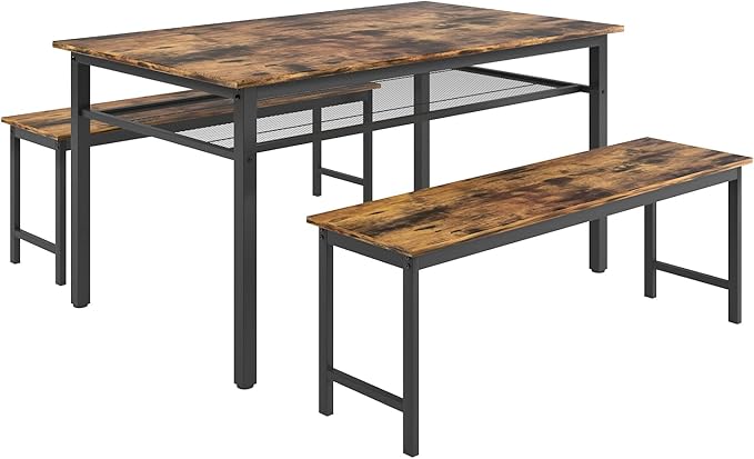 NicBex Kitchen Table Set Breakfast Nook Table Set 3 Pieces Farmhouse Kitchen Table Set with 2 Benches for Dining Room Farmhouse Office, Metal Frame and MDF Board, Brown - LeafyLoom