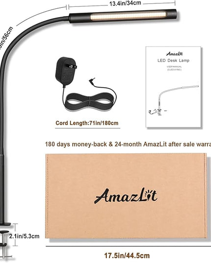 Desk Lamp, Eye-Caring Desk Light, Gooseneck Lamp with Clamp, Adjustable Color Temperature & Brightness, Clip on Lamp with Memory & Timer Function, Clamp Lamp for Home Office, 12W, Black - LeafyLoom