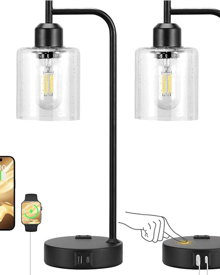 Industrial Touch Table Lamps for Bedrooms Set of 2 - 3-Way Dimmable Lamps with USB C+A Ports and Outlet, Black Bedside Lamps with Seeded Clear Glass Shade for Living Room, Desk Lamps for Home Office - LeafyLoom