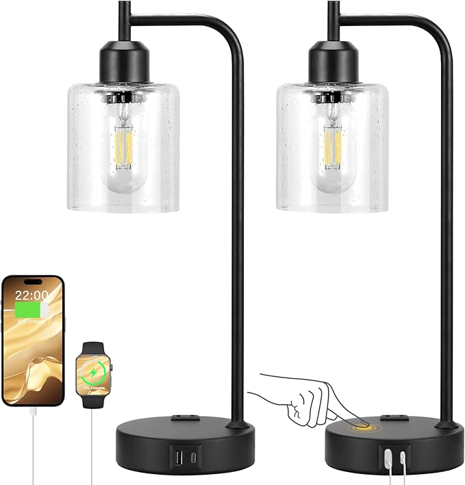 Industrial Touch Table Lamps for Bedrooms Set of 2 - 3-Way Dimmable Lamps with USB C+A Ports and Outlet, Black Bedside Lamps with Seeded Clear Glass Shade for Living Room, Desk Lamps for Home Office - LeafyLoom