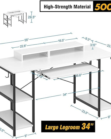 Computer Desk with Keyboard Tray, 55 Inch Music Studio Desk Music Production Desk with Storage Shelves Monitor Stands and 4 Iron Hooks, Desk Workstation Gaming Table for Home Office - LeafyLoom