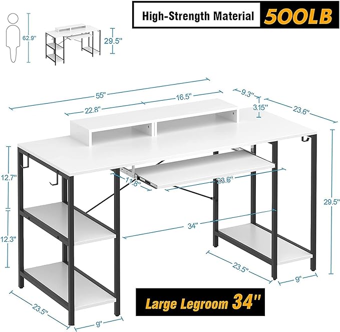 Computer Desk with Keyboard Tray, 55 Inch Music Studio Desk Music Production Desk with Storage Shelves Monitor Stands and 4 Iron Hooks, Desk Workstation Gaming Table for Home Office - LeafyLoom