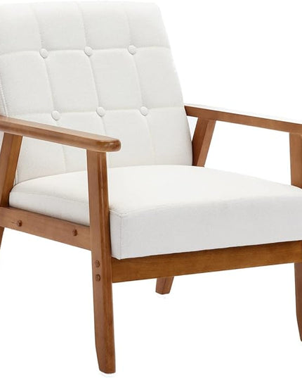 Mid-Century Accent, Modern Single Armchair, Upholstered Leisure Lounge Chair wth Solid Wood Armrest and Feet for Living Room, Bedroom, Office, Beige - LeafyLoom