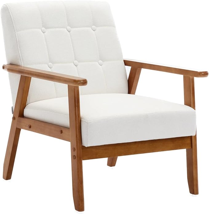 Mid-Century Accent, Modern Single Armchair, Upholstered Leisure Lounge Chair wth Solid Wood Armrest and Feet for Living Room, Bedroom, Office, Beige - LeafyLoom