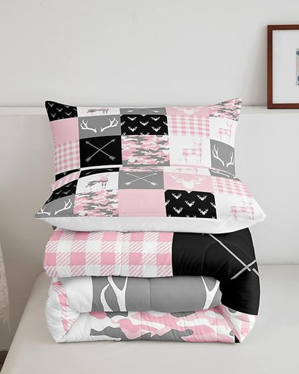 Pink Camo Deer Silhouette Kids Comforter Set King Size,Rustic Farmhouse Animals Hunting Bedding 3pcs for Boys Girls Room Decor,Antlers Boho Arrow Geometric Plaids Patchwork Duvet Insert,2 Pillowcases - LeafyLoom