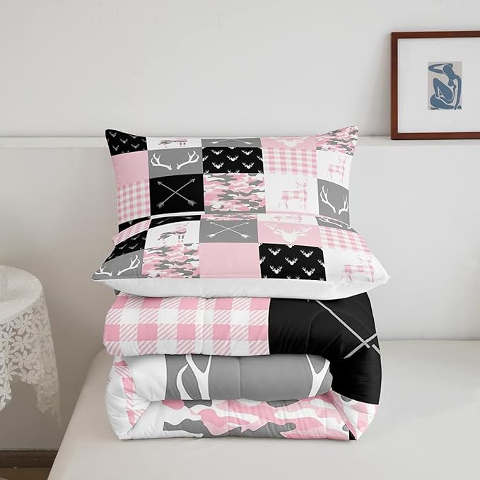 Pink Camo Deer Silhouette Kids Comforter Set King Size,Rustic Farmhouse Animals Hunting Bedding 3pcs for Boys Girls Room Decor,Antlers Boho Arrow Geometric Plaids Patchwork Duvet Insert,2 Pillowcases - LeafyLoom