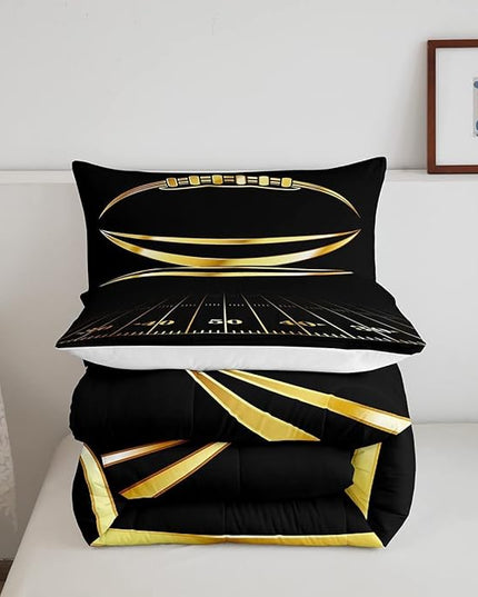 Feelyou Football Bedding Set King Kids Rugby Sports Comforter Set American Football Comforter Set for Boys Golden Black Room Decor Quilt with 2 Pillow Case Boys - LeafyLoom